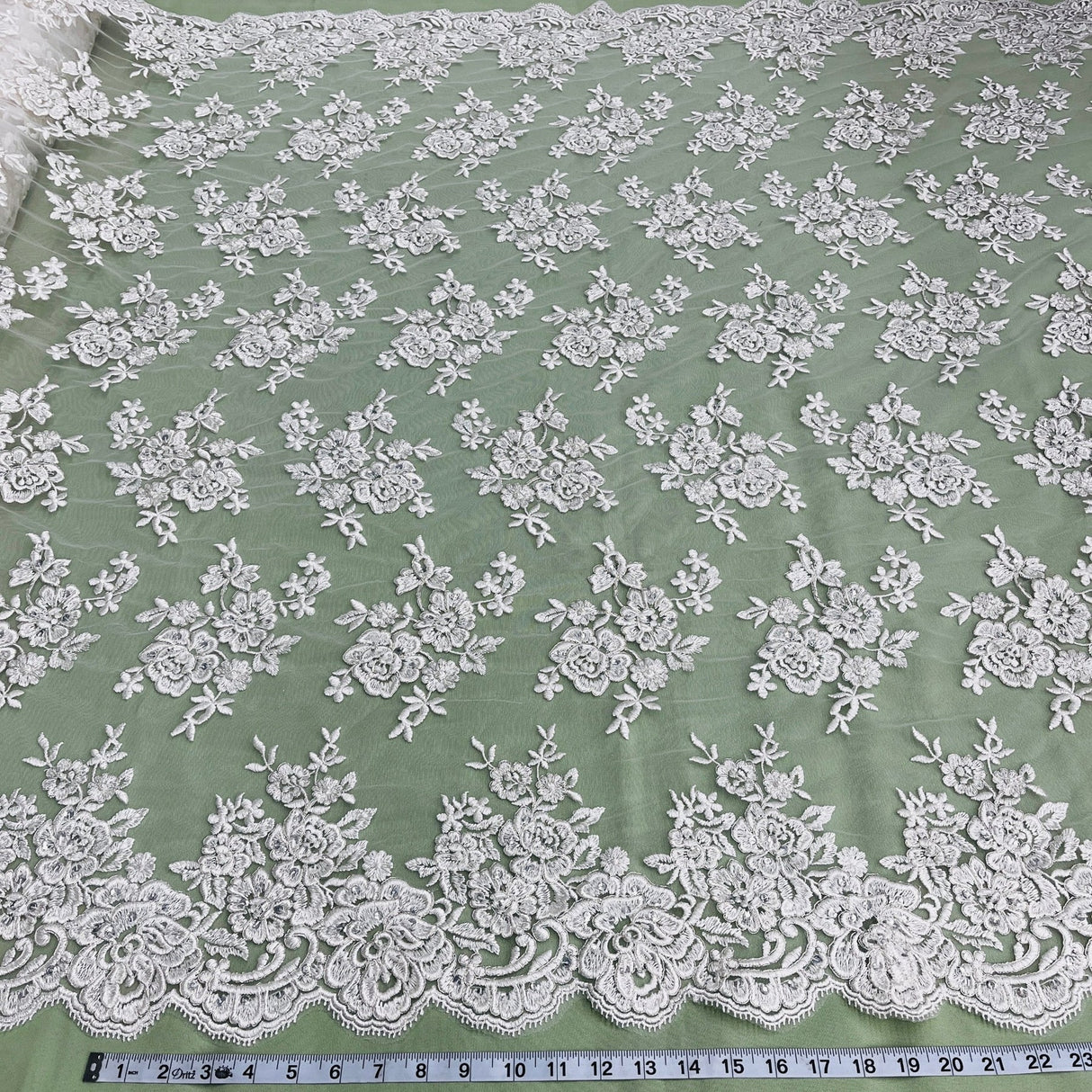 1 Yard Exquisite Ivory Silver Beaded Corded Bridal Lace Fabric on Net Mesh 51 inch Width