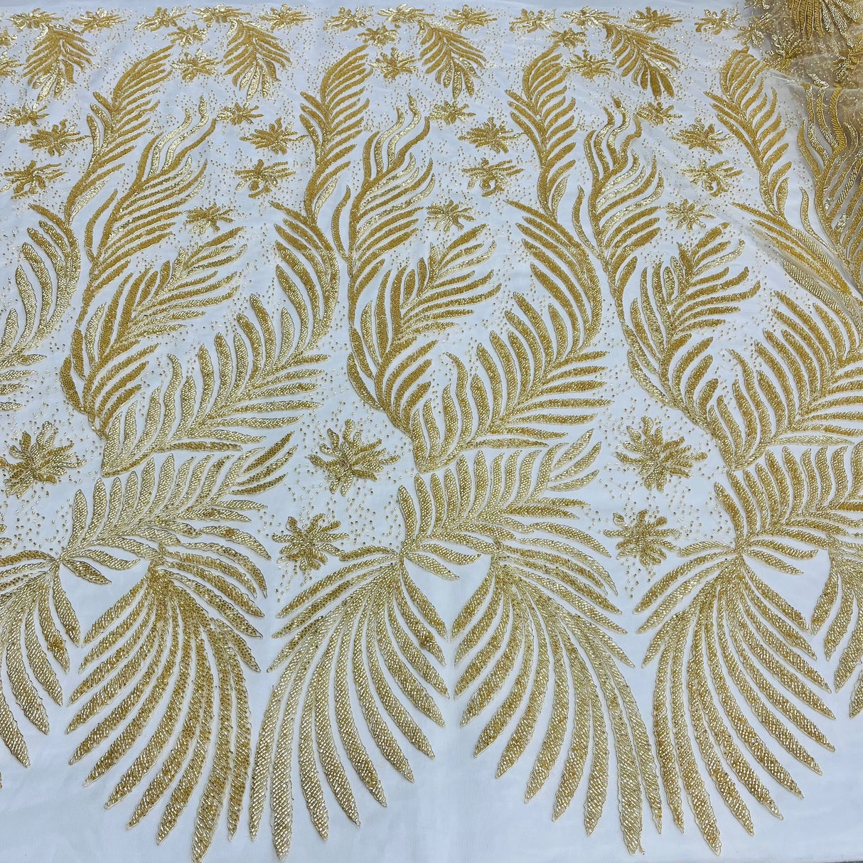1 Yard Gold Beaded and Corded Bridal Lace Fabric Embroidered on 100 Percent Polyester Net Mesh 56 Inch Width