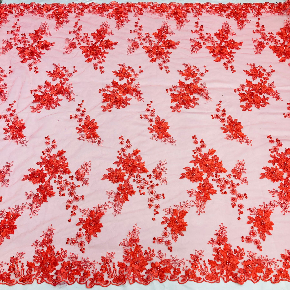 1 Yard Beaded Rhinestone 3D Floral Lace Fabric Embroidered Mesh Gown 52" Width