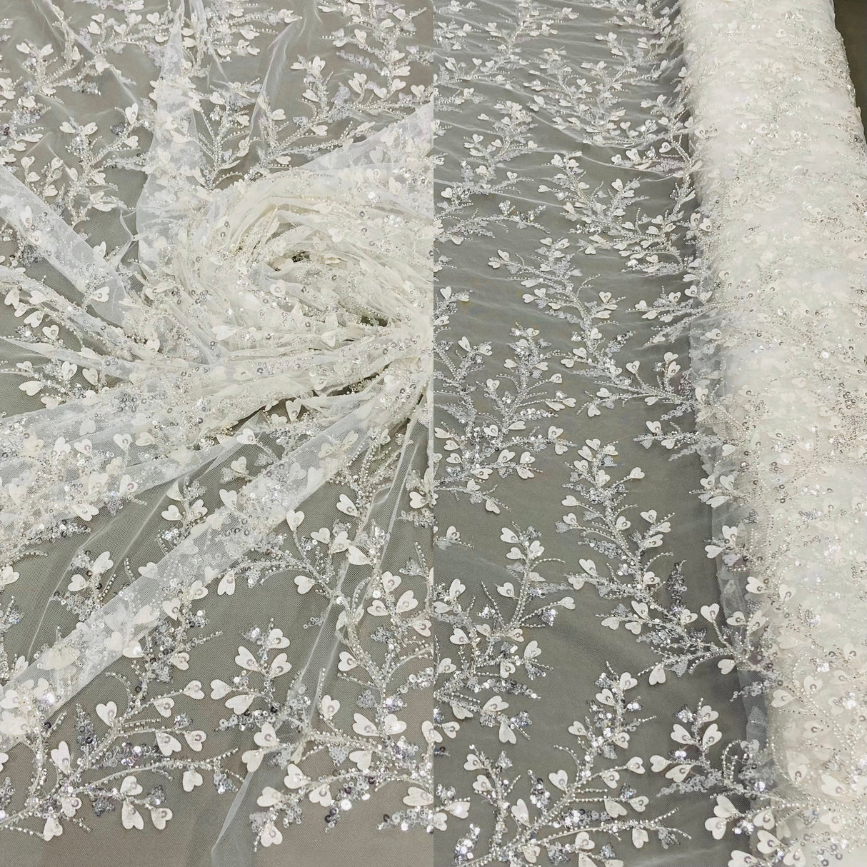 1 Yard Ivory Silver Beaded 3D Floral Lace Fabric, Embroidered Polyester Mesh, 54" Wide