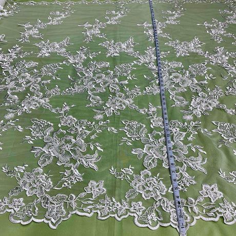 1 Yard Gold Beaded and Corded Bridal Lace Fabric Embroidered on 100 Percent Polyester Net Mesh 53 Inch Width