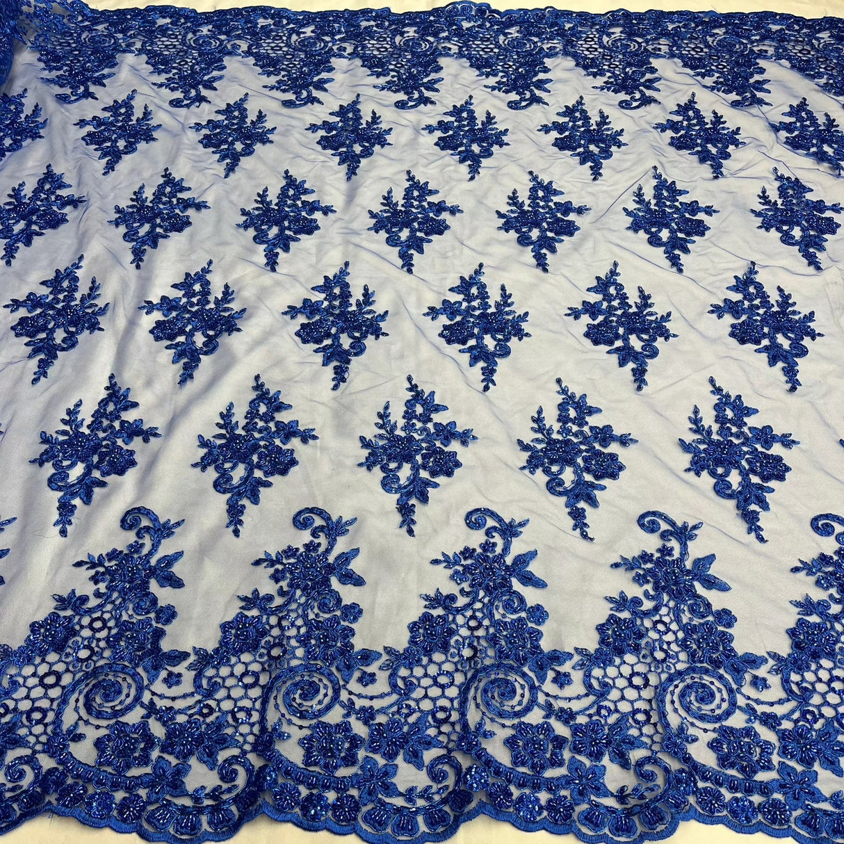 1 Yard Royal Blue Corded Lace Fabric with Hand-Embroidered Beading on Mesh 53 inch Width