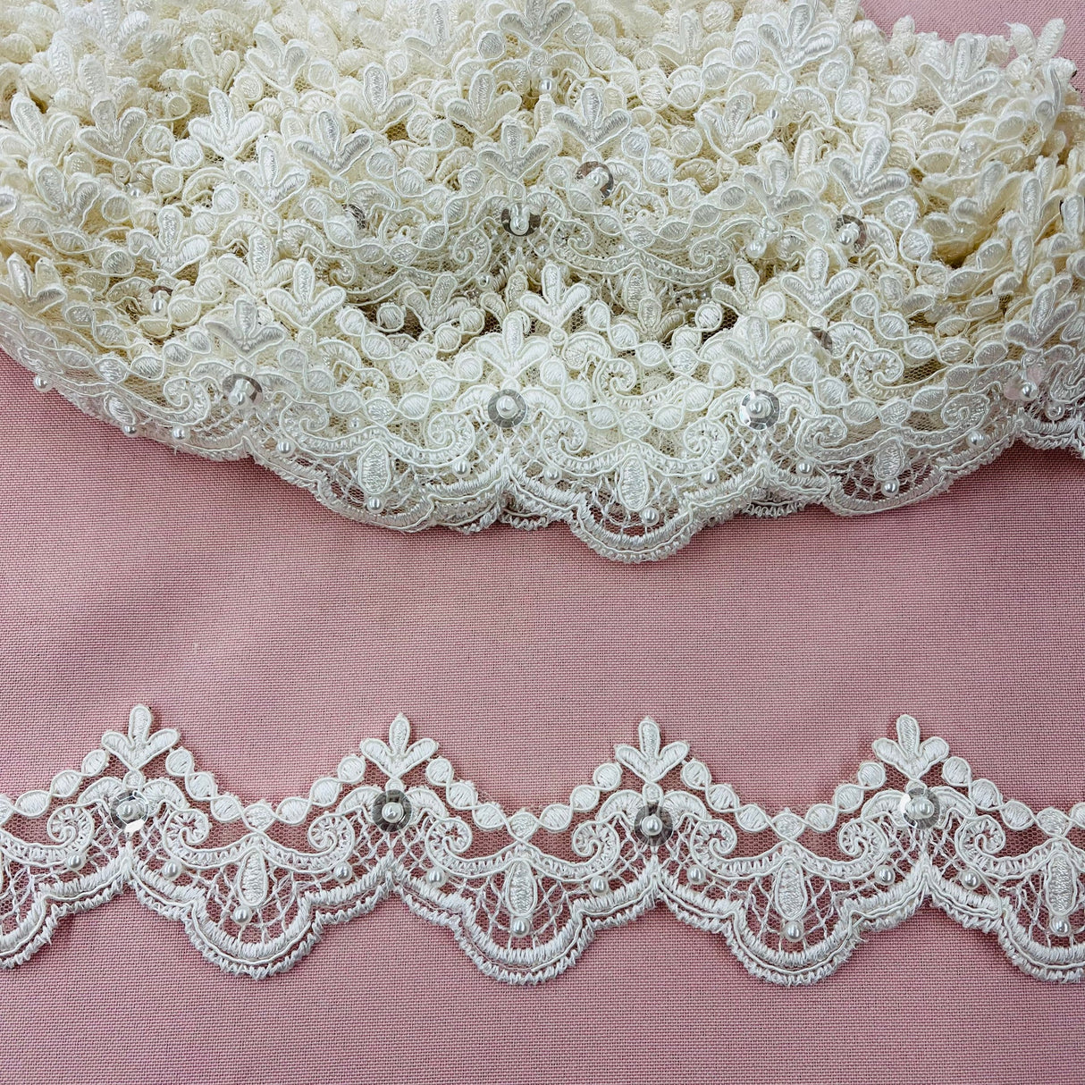 1 Yard Beaded & Corded Lace Trimming on Net Mesh | 2" Wide | Elegant Embroidered Trim for Bridal, Formalwear & Costumes