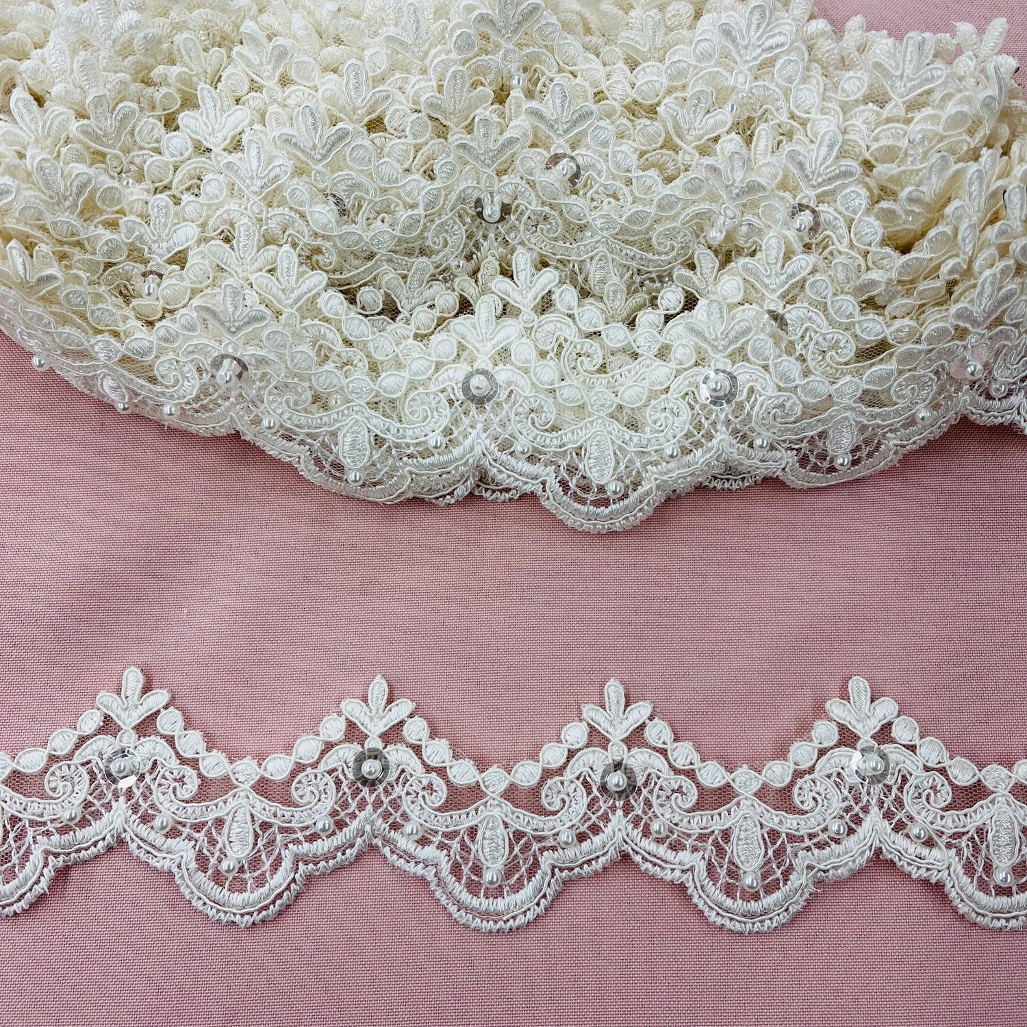 1 Yard Beaded & Corded Lace Trimming on Net Mesh | 2" Wide | Elegant Embroidered Trim for Bridal, Formalwear & Costumes