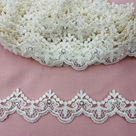 1 Yard Beaded & Corded Lace Trimming on Net Mesh | 2" Wide | Elegant Embroidered Trim for Bridal, Formalwear & Costumes