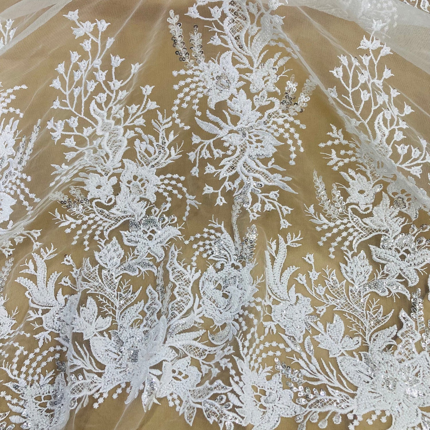 1 Yard Elegant Beaded Lace Fabric Embroidered on Premium Polyester Net Mesh 52
