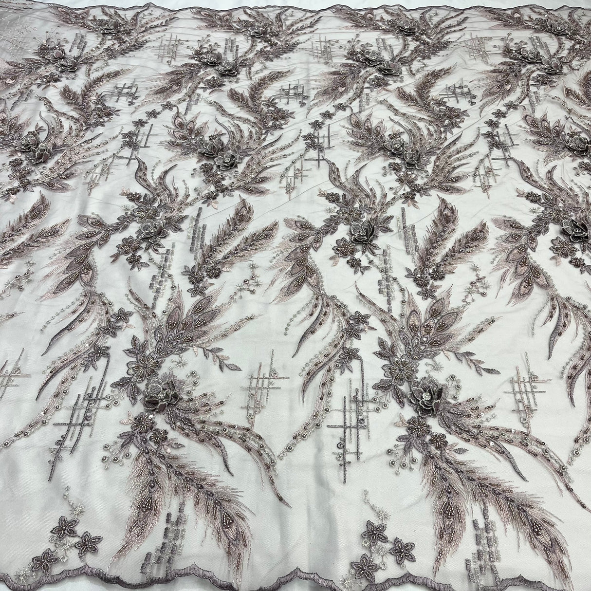 1 Yard Beaded Rhinestone 3D Floral Lace Fabric for Bridal Gowns Costumes Dresses 50" Width