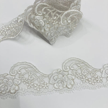 1 Yard Corded Lace Trimming on Net Mesh – 3" Wide | Embroidered Decorative Lace for Dresses & Costumes