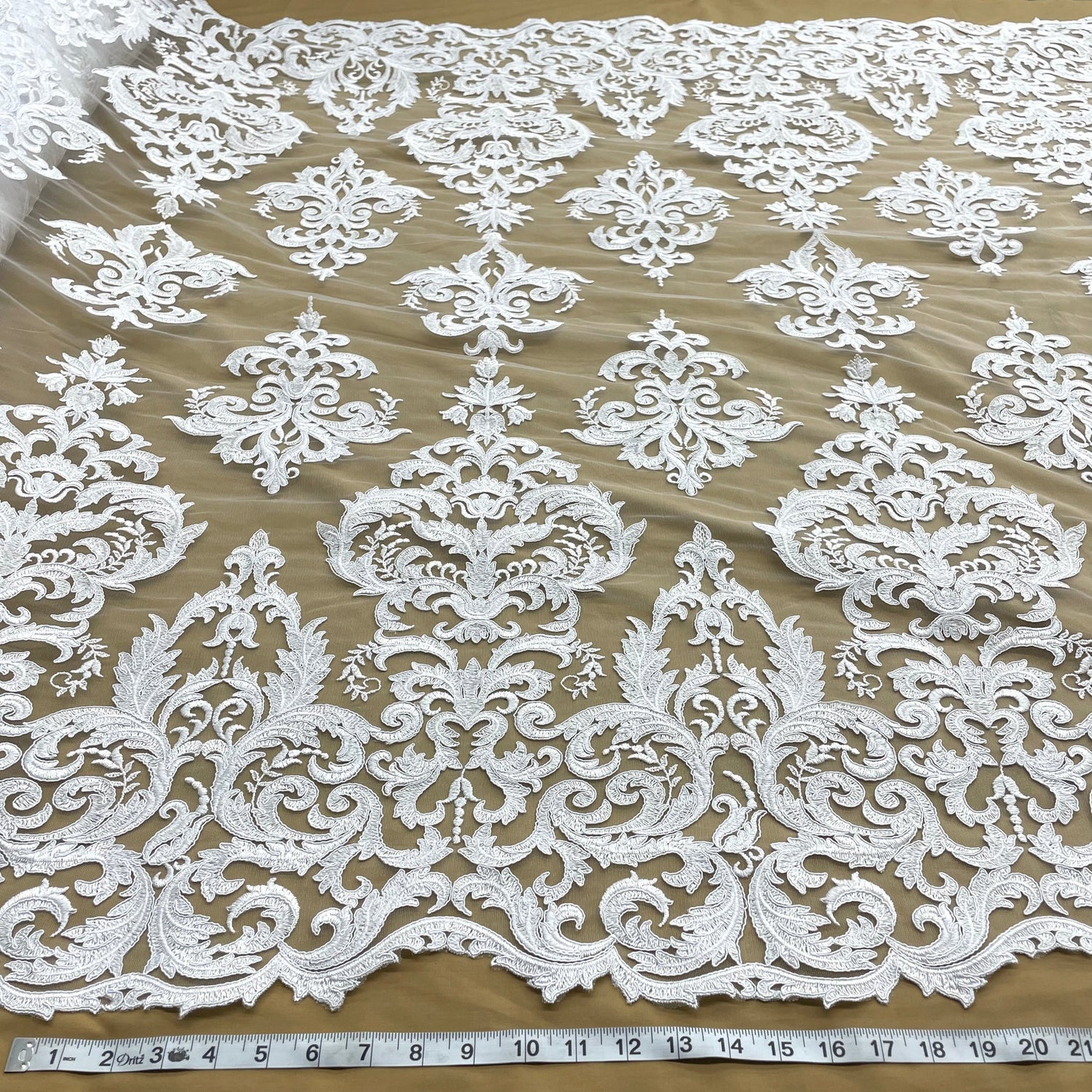 1 Yard Elegant Corded Bridal Lace Fabric Embroidered on Premium Polyester Mesh 54