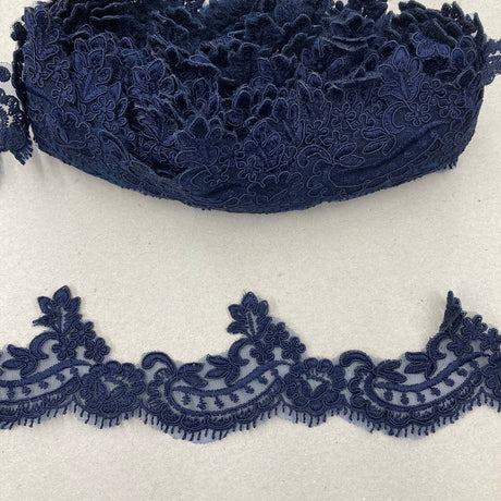 1 Yard Corded Lace Trimming on Net Mesh – 3" Wide | Handmade Embroidered Trim for Dresses & Gowns