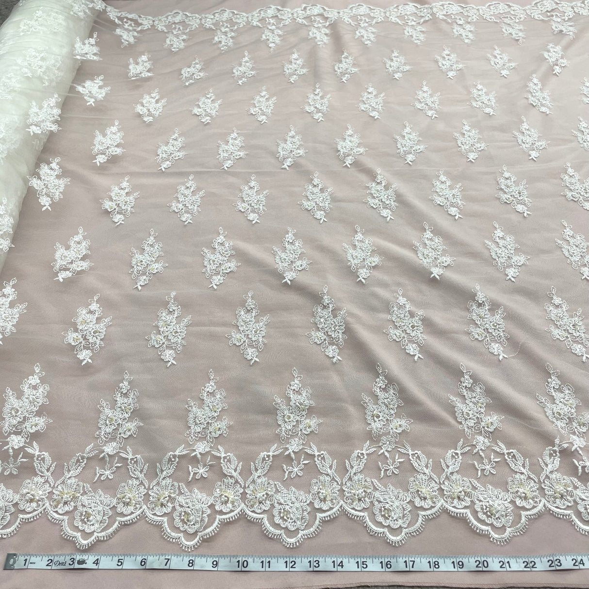 1 Yard Beaded Corded Lace Fabric Embroidered Elegant Mesh Bridal Gown 53" Width
