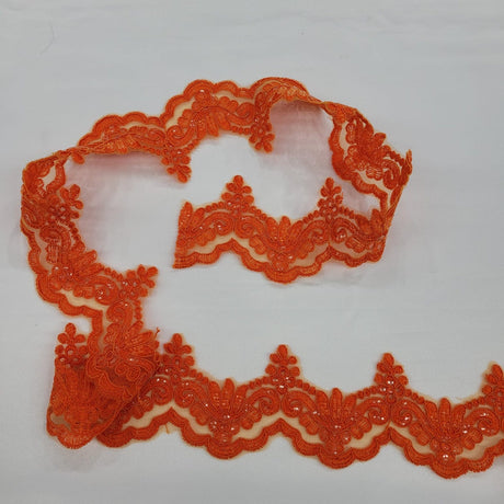 1 Yard Luxurious Beaded & Corded Lace Trimming Embroidered on 100% Polyester Net Mesh for Special Occasion Dresses 3 Inch Width