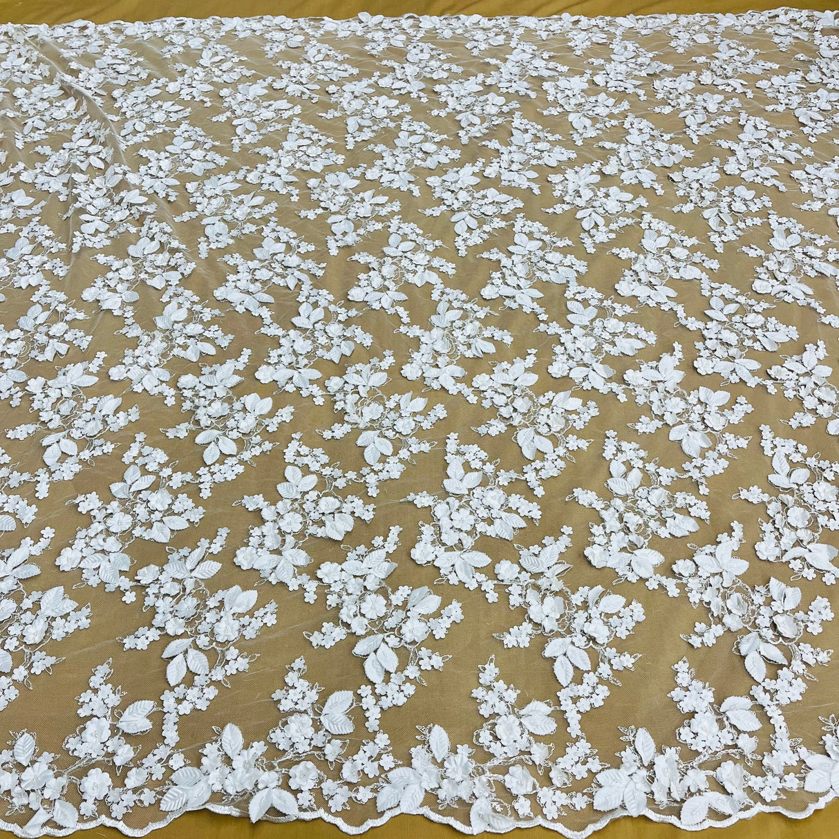 1 Yard Beaded 3D Floral Lace Fabric on Polyester Net Mesh, Off White, 44" Wide, Embroidered Lace Material