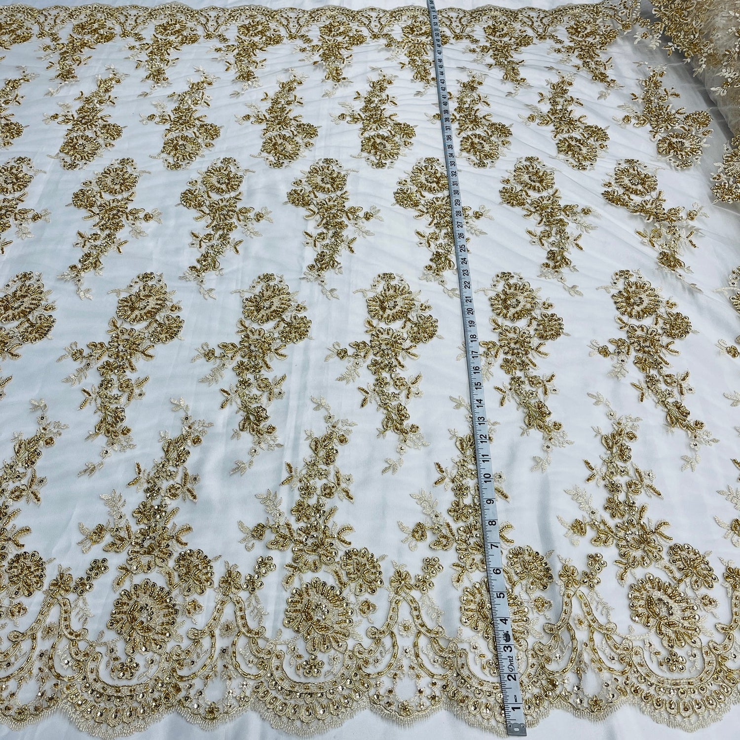 1 Yard Opulent Beaded Corded Bridal Lace Fabric Embroidered on Premium Mesh 53