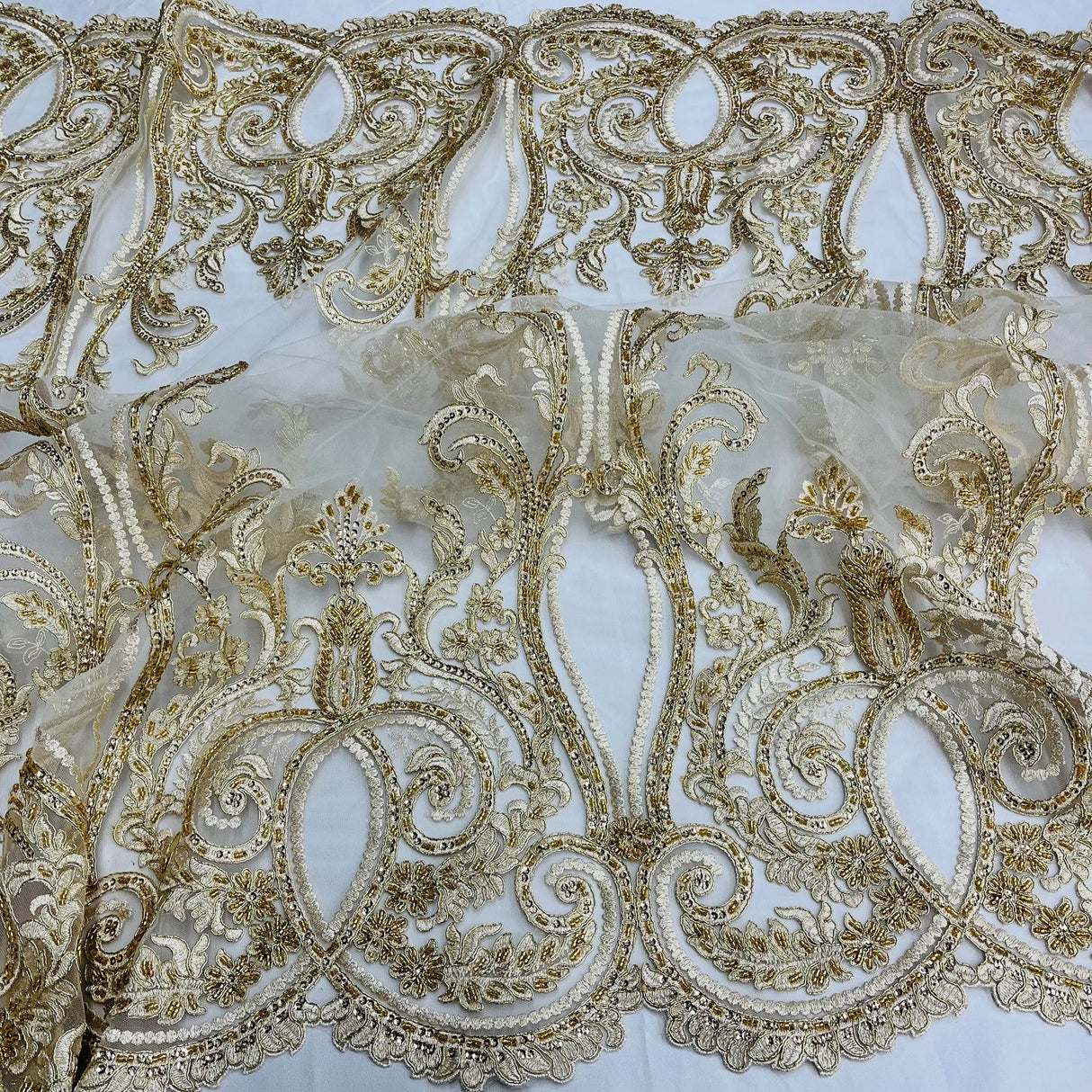 1 Yard Gold Metallic Beaded & Corded Bridal Lace Fabric, Embroidered Polyester Net Mesh, 54" Wide