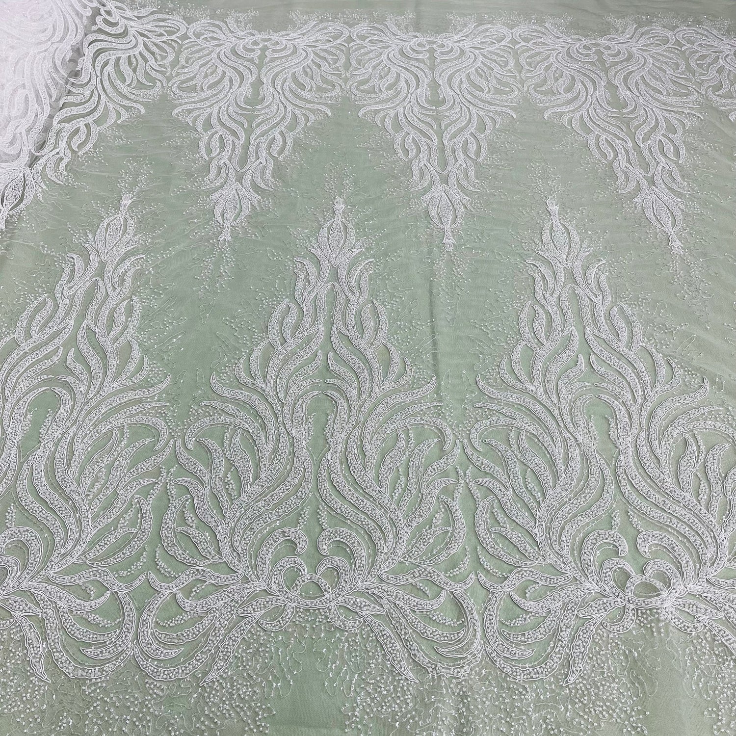 1 Yard Beaded Corded and Sequined Bridal Lace Fabric Embroidered on Polyester Net Mesh 54 inch Width