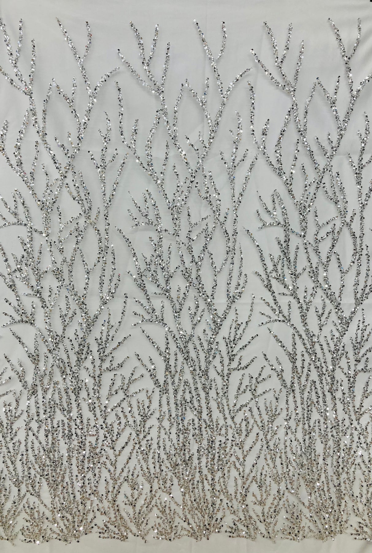 1 Yard Silver Beaded Sequined Lace Fabric Embroidered on Polyester Net Mesh 53 inch Width