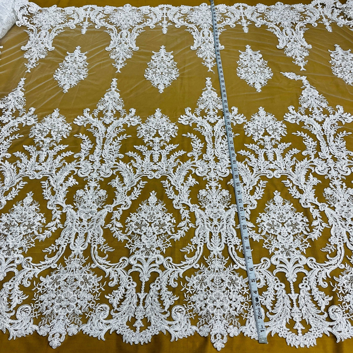 1 Yard Corded Bridal Lace Fabric Embroidered on Premium Polyester Mesh 52