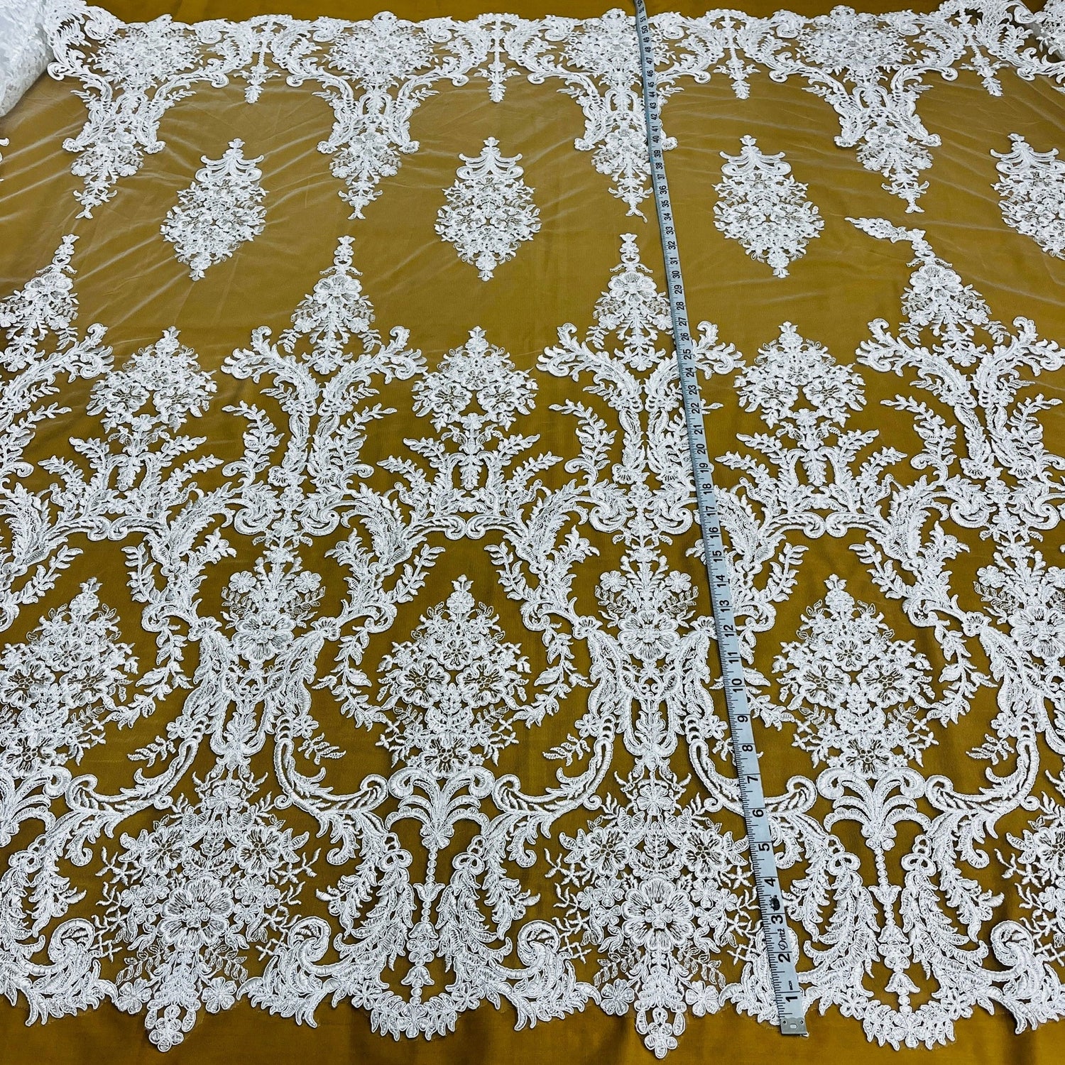 1 Yard Corded Bridal Lace Fabric Embroidered on Premium Polyester Mesh 52