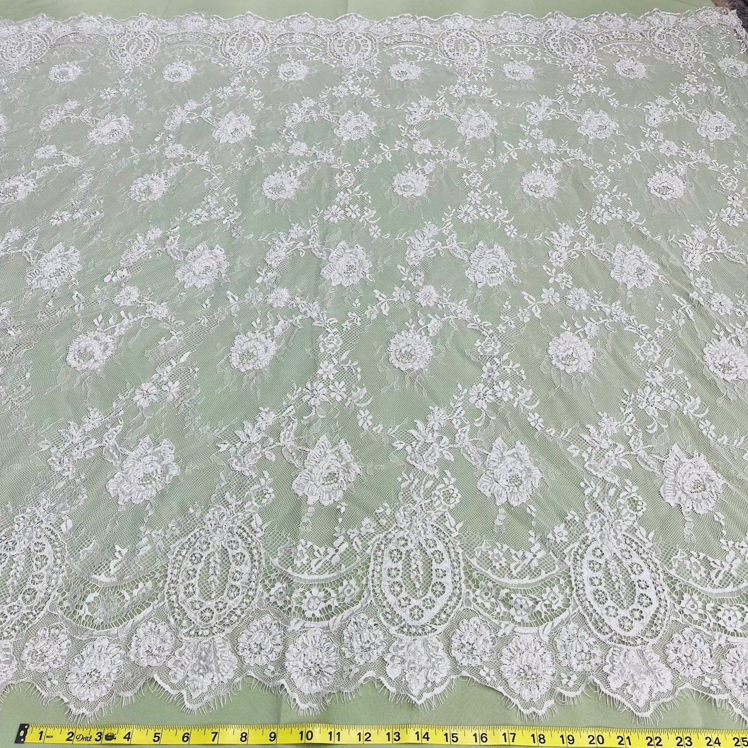 3 Yards Precut Beaded & Corded Chantilly Floral Lace Fabric Embroidered on 100% Polyester Net Mesh 58" Wide