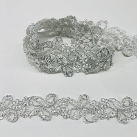 1 Yard Exquisite Beaded & Corded Lace Trimming Embroidered on 100% Polyester Organza for Bridal and Evening Dresses 1.5 Inch Width