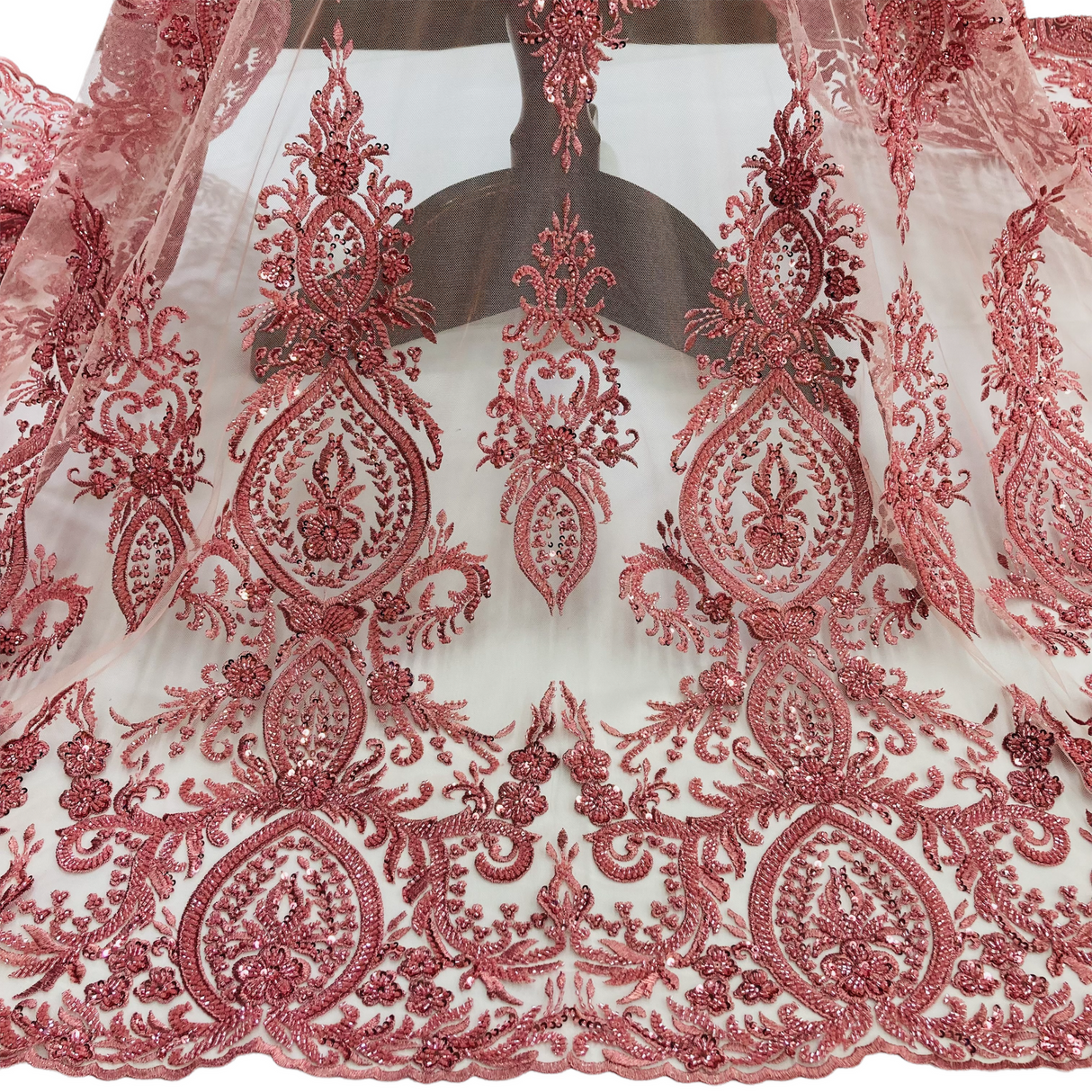 1 Yard Beaded Lace Fabric on 100% Polyester Net Mesh, Light Coral, Embroidered Lace, 48" Wide