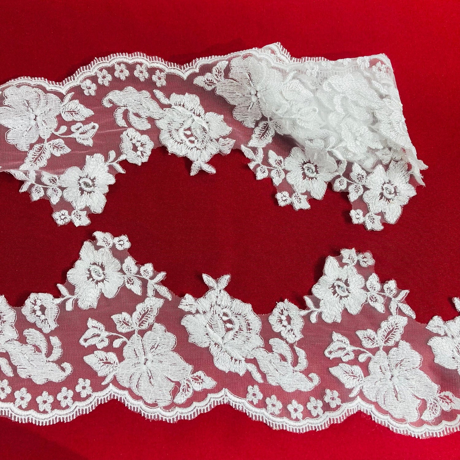 1 Yard Beaded Floral Lace Trim 6" Wide Embroidered on 100% Polyester Net Mesh