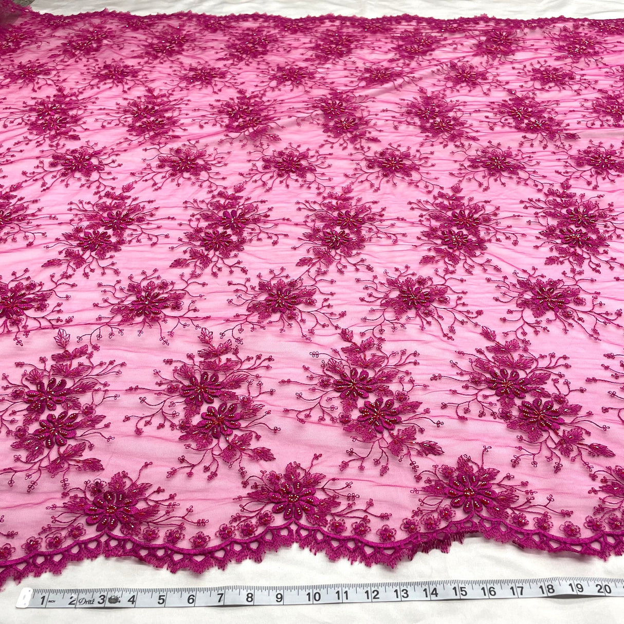 1 Yard Fuchsia Beaded Lace Fabric Embroidered on Polyester Net Mesh 52 Inch Width