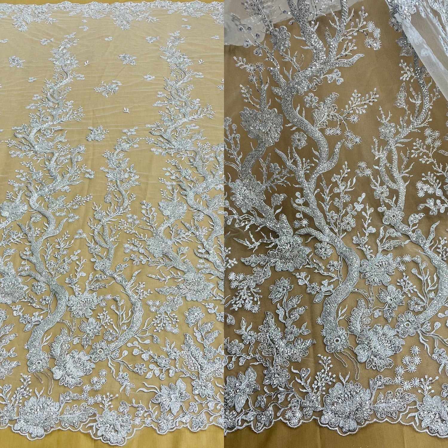 1 Yard Silver Beaded Corded Bridal Lace Fabric Embroidered on Polyester Net Mesh 56 Inch Width