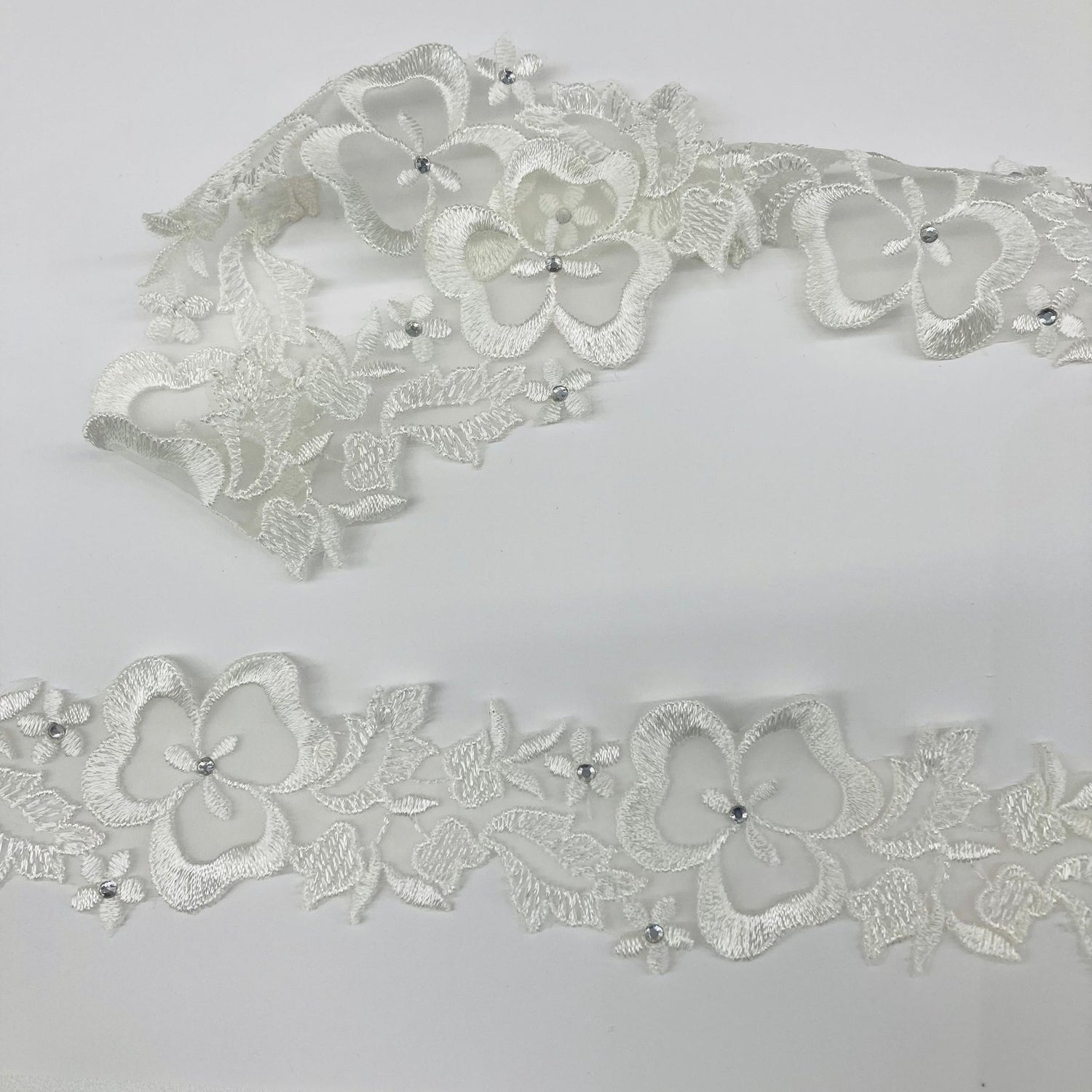 1 Yard Beaded Lace Trimming Embroidered on Organza | 2" Wide | Elegant Beaded Trim for Bridal & Formalwear