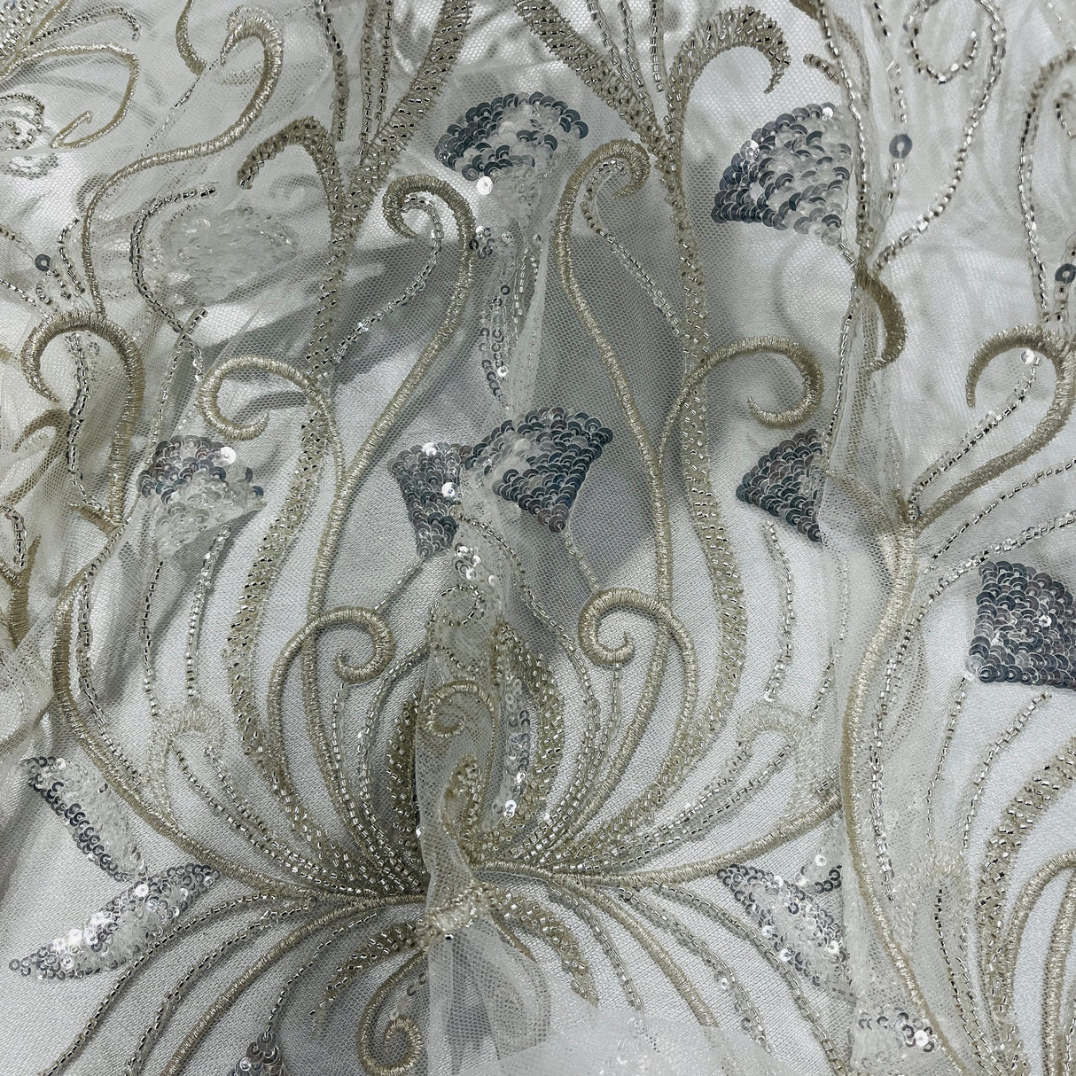 1 Yard Beaded Lace Fabric Embroidered on Polyester Net Mesh, 52" Wide, Premium Fabric for Dressmaking & Crafting