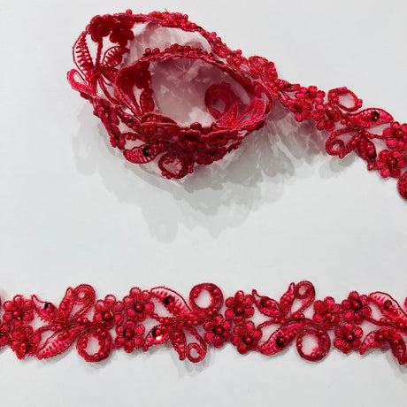 1 Yard Exquisite Beaded & Corded Lace Trimming Embroidered on 100% Polyester Organza for Bridal and Evening Dresses 1.5 Inch Width