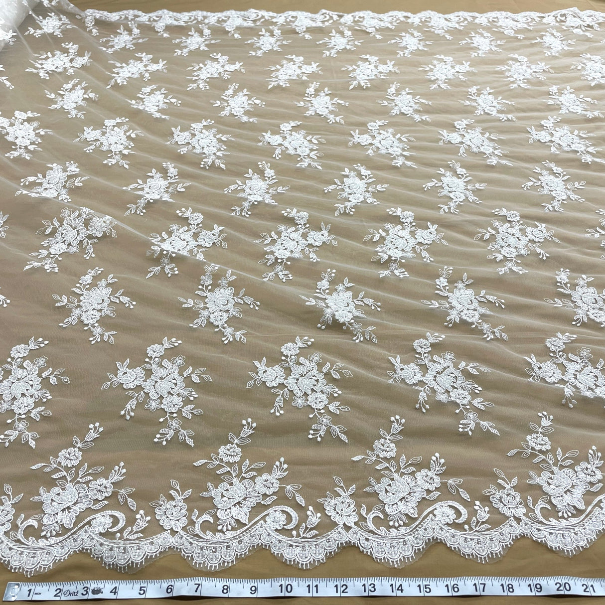 1 Yard Elegant Ivory Corded Beaded Bridal Lace Fabric on Net Mesh 54 inch Width