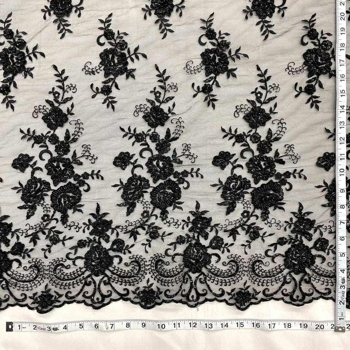 1 Yard Glamorous Black Beaded Sequined Lace Fabric on Polyester Net Mesh 52 inch Width