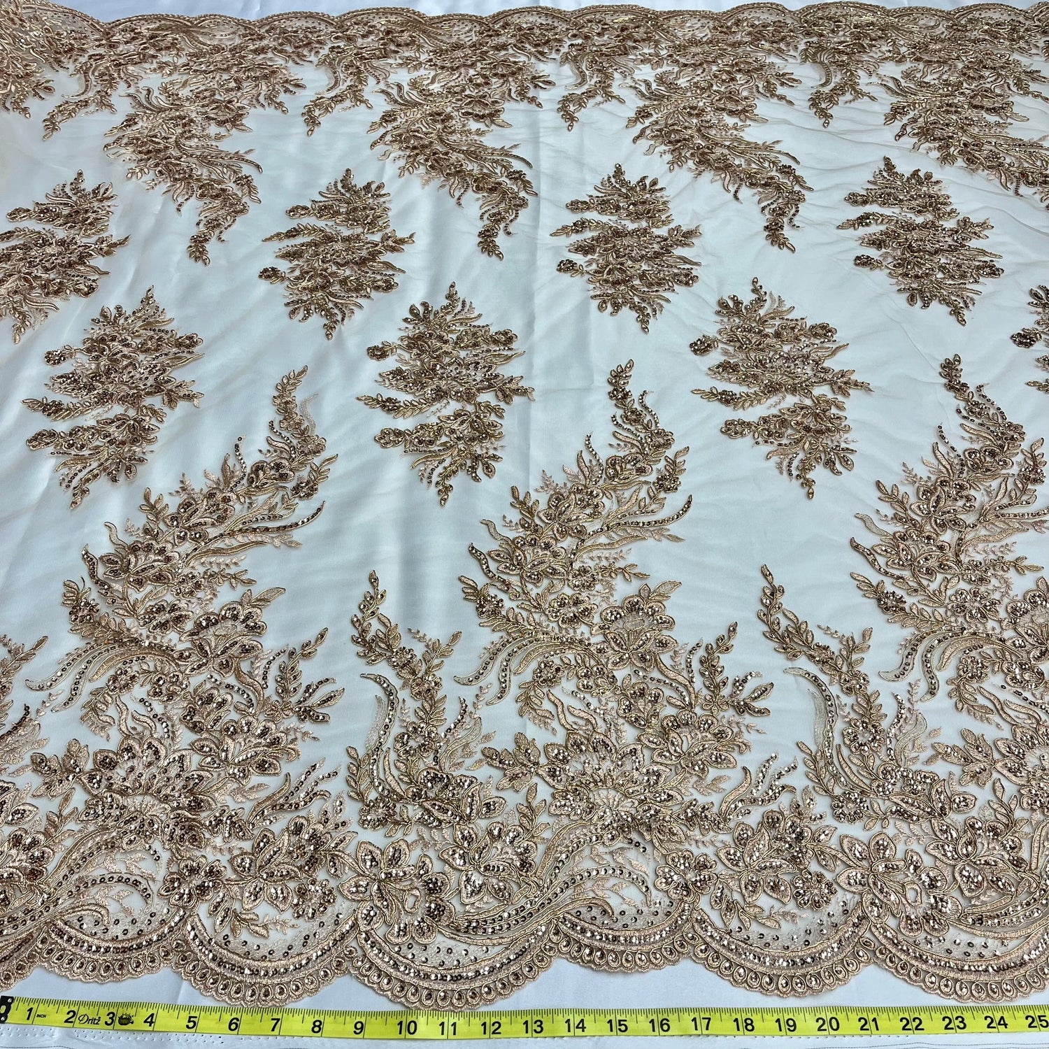1 Yard Elegant Beaded Corded Bridal Lace Fabric Embroidered on Premium Mesh 56