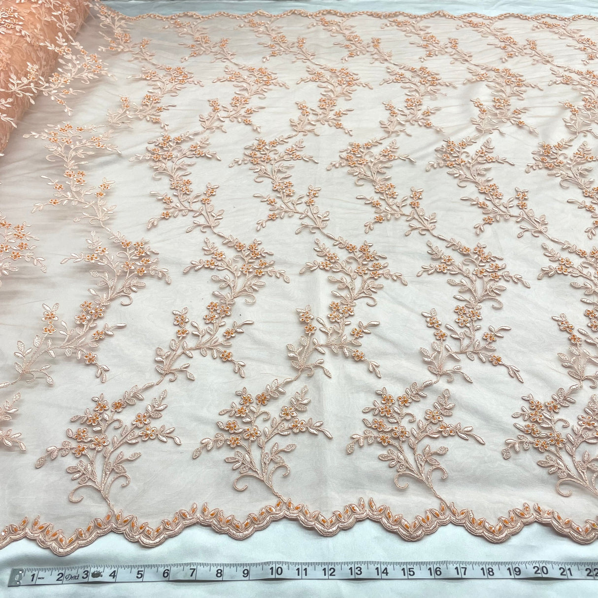 1 Yard Beaded Corded Bridal Lace Fabric Embroidered Mesh Peach 52" Width