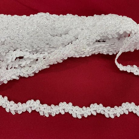 1 Yard Beaded & Corded Lace Trimming on Net Mesh | 1" Wide | Elegant Embroidered Trim for Bridal, Formal & Dancewear
