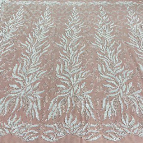 1 Yard Gold Beaded and Corded Bridal Lace Fabric Embroidered on 100 Percent Polyester Net Mesh 58 Inch Width