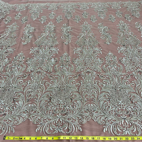 1 Yard Gold Beaded Lace Fabric Embroidered on 100% Polyester Net Mesh Couture 60 Inch Width