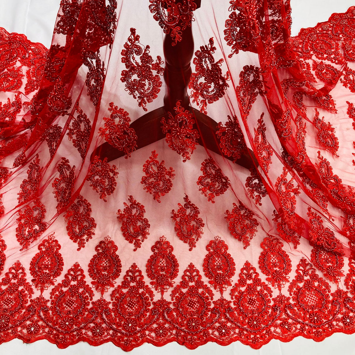 1 Yard Red Beaded Corded Lace Fabric Embroidered on Polyester Net Mesh 54 inch Width