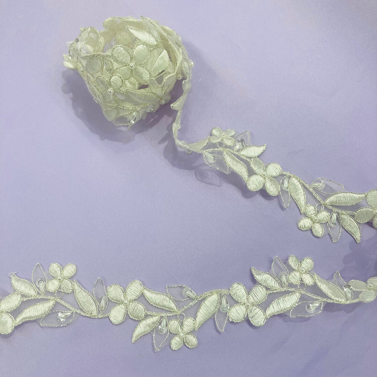 1 Yard Luxurious Beaded Corded Lace Trimming Embroidered Soft Polyester for Gowns 1.5 Inch Width