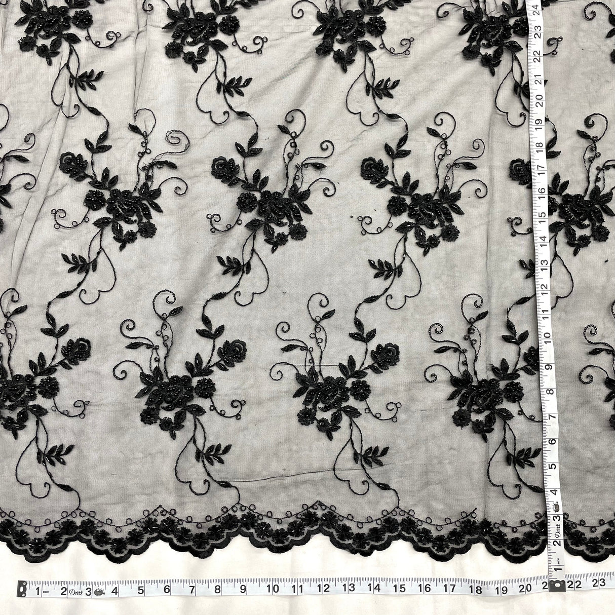1 Yard Black Beaded Lace Fabric with Sequins and Pearls for Bridal and Evening Gowns, 51 Inches Wide
