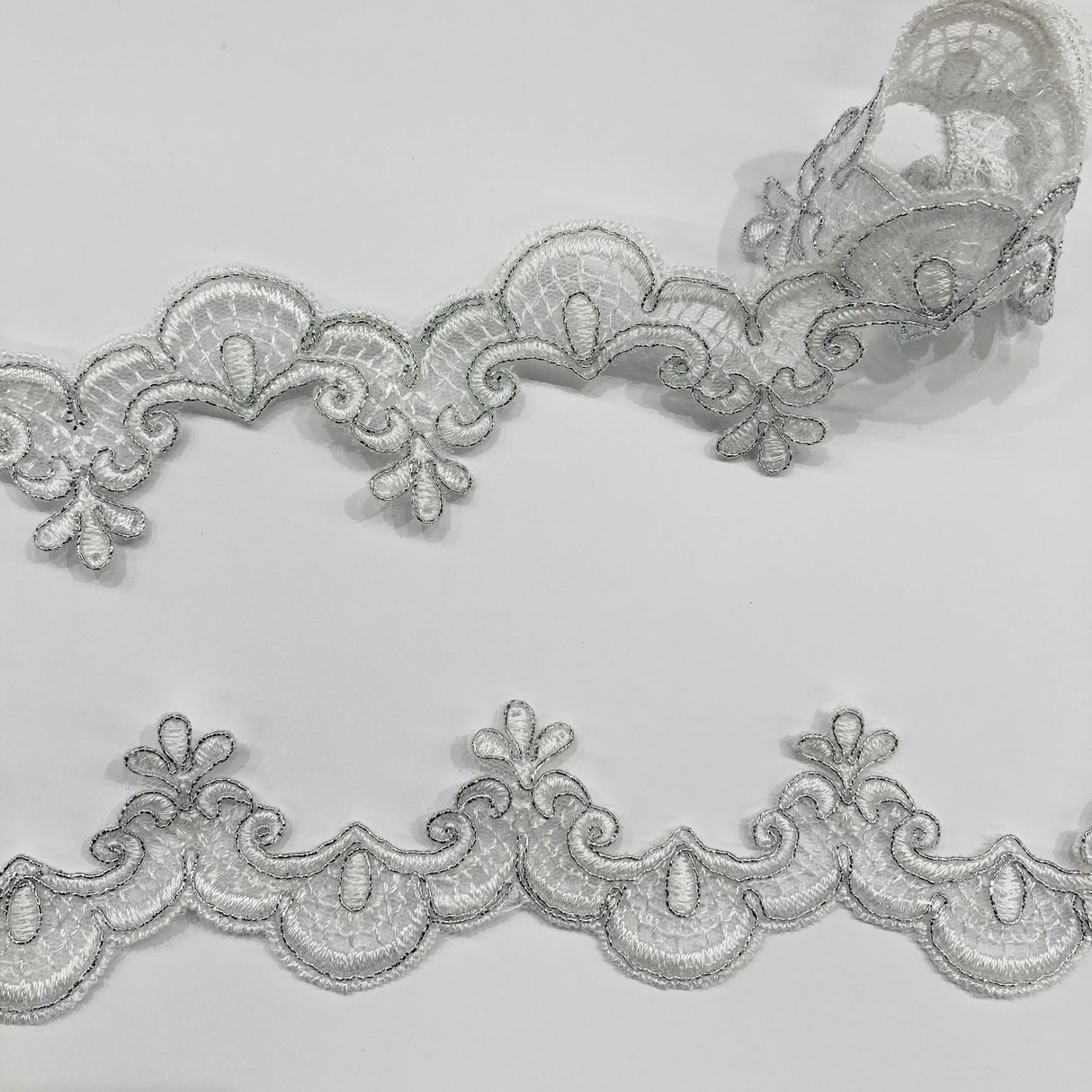1 Yard Corded Lace Trimming on Net Mesh | 1.5" Wide | Decorative Embroidered Trim for Bridal, Formalwear & Costumes