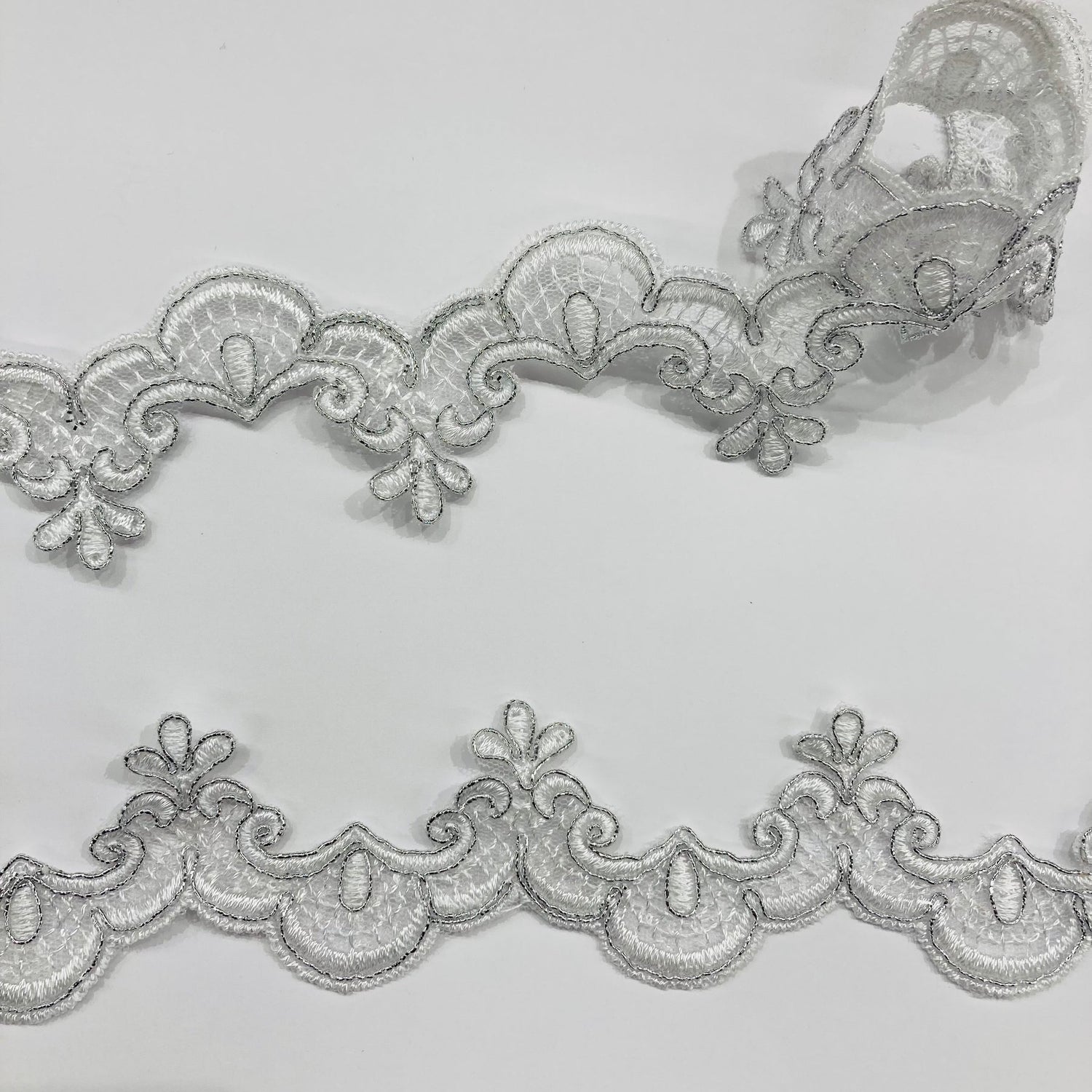 1 Yard Corded Lace Trimming on Net Mesh | 1.5" Wide | Decorative Embroidered Trim for Bridal, Formalwear & Costumes