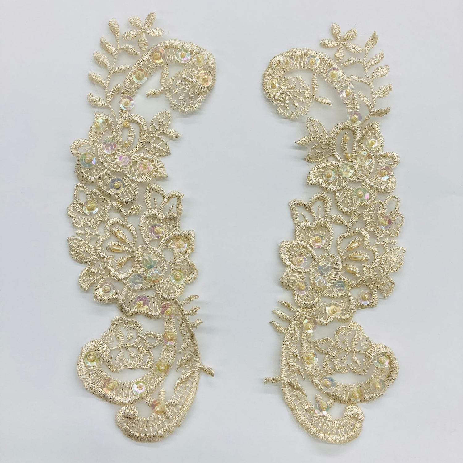 1 Pair Beaded Lace Applique Embroidered on 100% Polyester Organza 9" x 3" Each Side