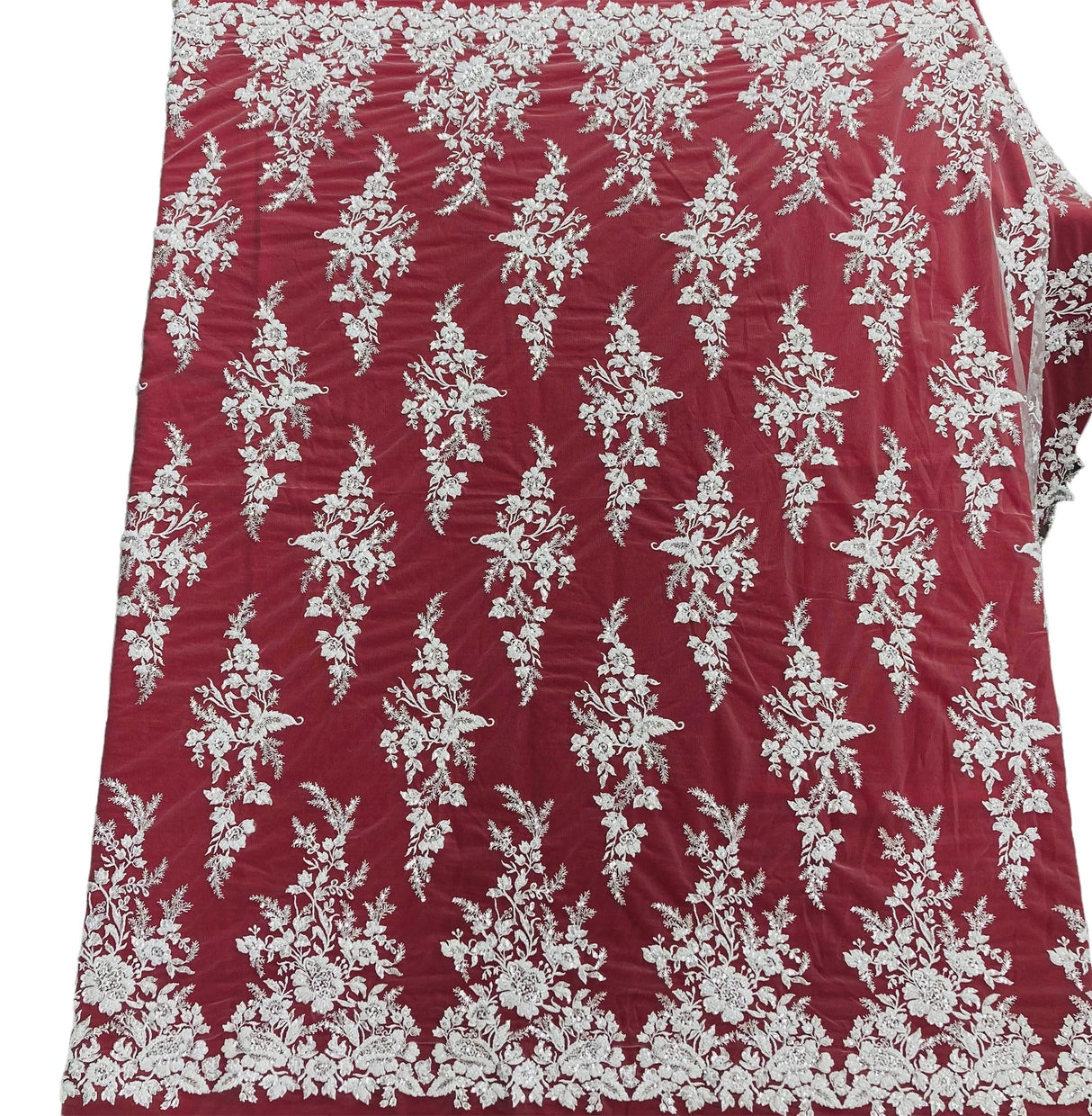 1 Yard Beaded & Sequined Embroidered Lace Fabric on Polyester Mesh, 52" Wide