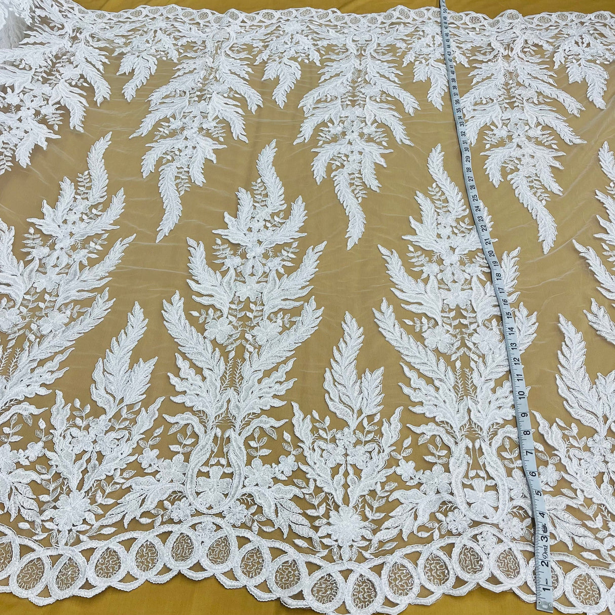 1 Yard Elegant White Beaded & Corded Embroidered Lace Fabric, 51" Wide, Bridal Fabrication for Gowns & Décor