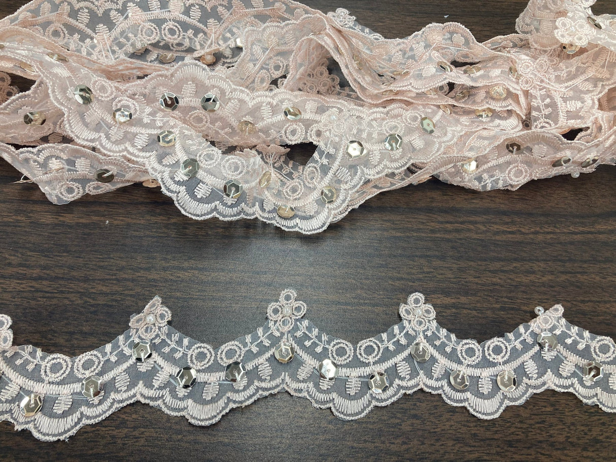1 Yard Beaded Lace Trimming on Organza | 2.25" Wide | Decorative Beaded Trim for Bridal, Formalwear & Costumes