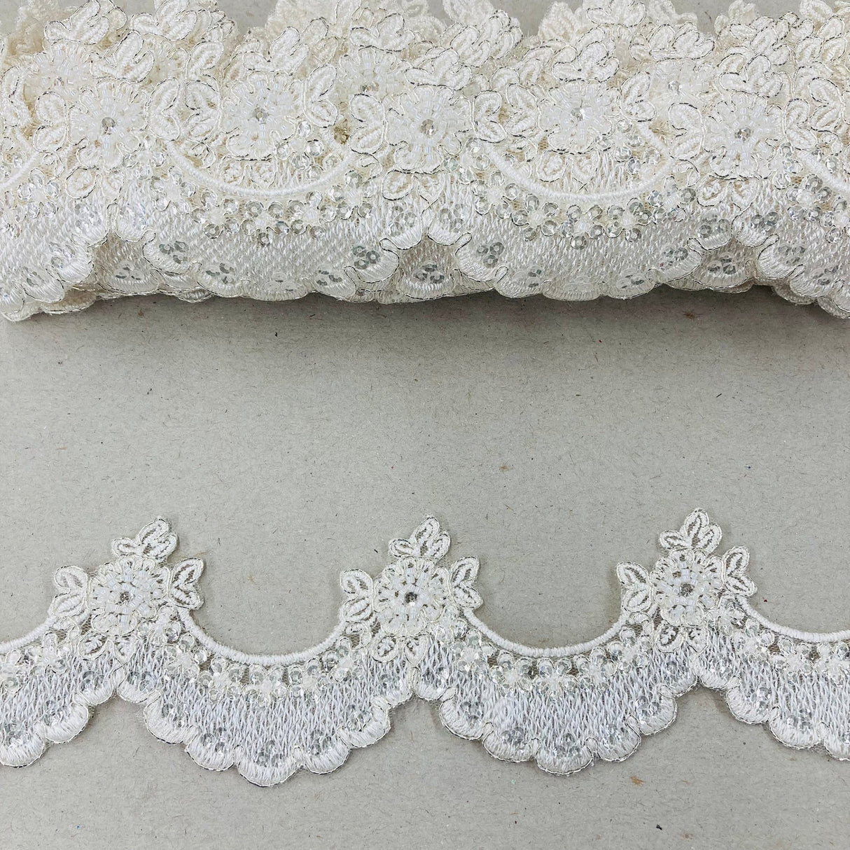 1 Yard Beaded & Corded Embroidered Lace Trim 2" Wide 100% Polyester Net Mesh for Bridal & Special Occasion