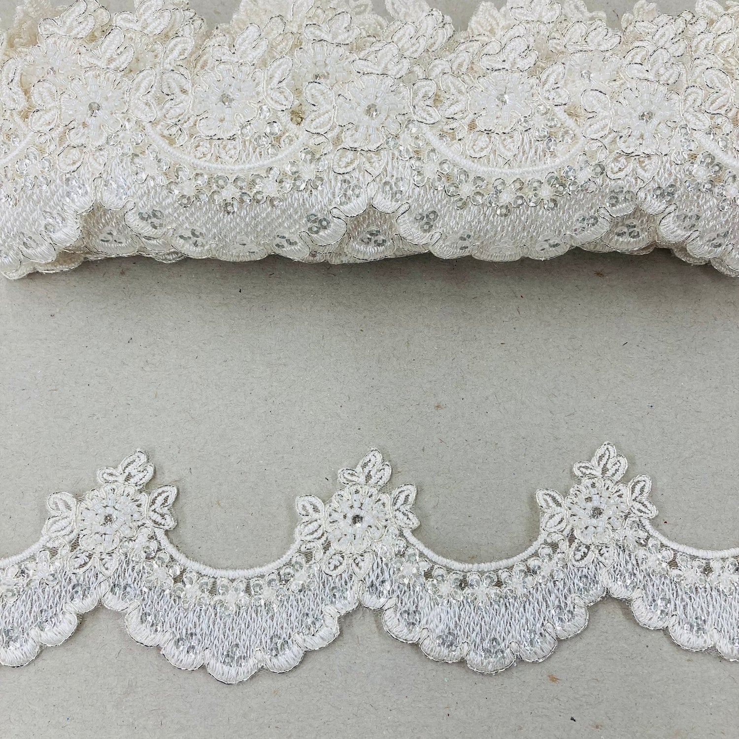 1 Yard Beaded & Corded Embroidered Lace Trim 2" Wide 100% Polyester Net Mesh for Bridal & Special Occasion
